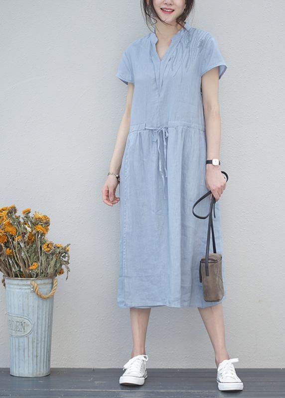 DIY v neck drawstring linen summer Robes Tunic blue Dresses - SooLinen