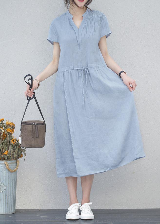 DIY v neck drawstring linen summer Robes Tunic blue Dresses - SooLinen