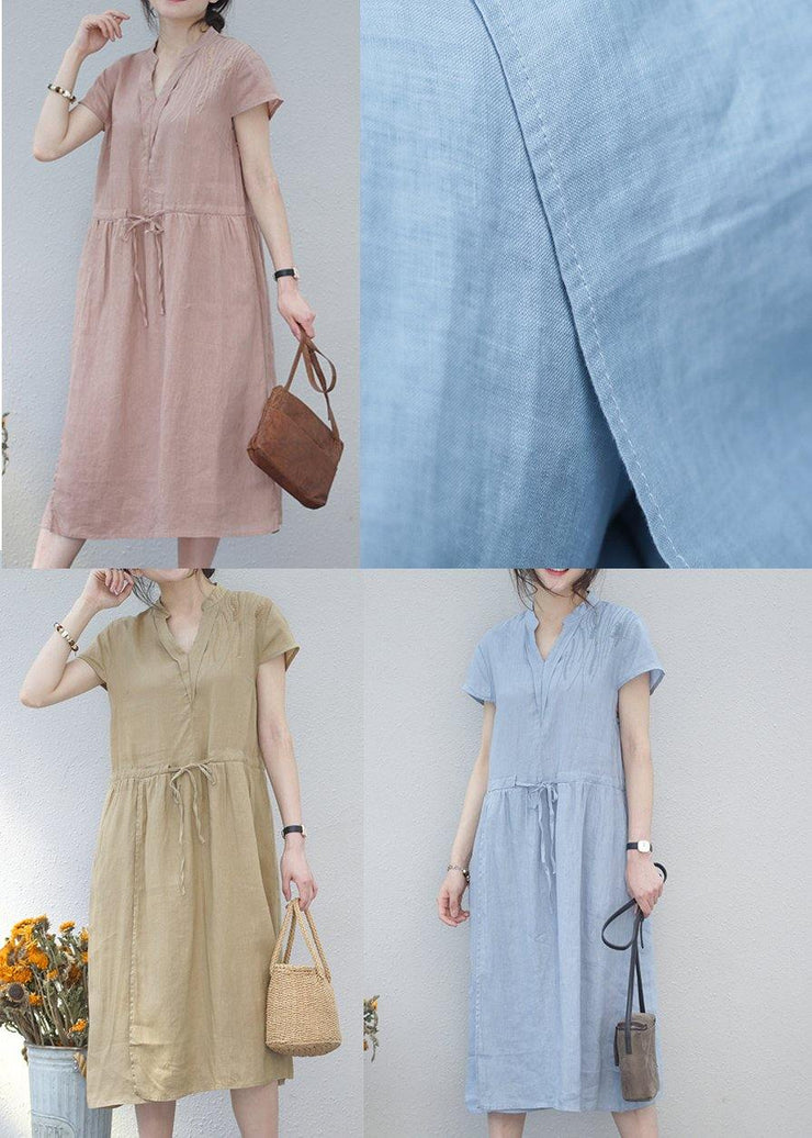 DIY v neck drawstring linen summer Robes Tunic blue Dresses - SooLinen