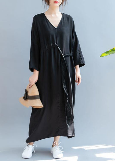 DIY v neck drawstring summer dress Sewing black Kaftan Dress - SooLinen