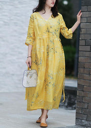 DIY v neck tie waist linen summer dresses Work yellow print Dresses - SooLinen