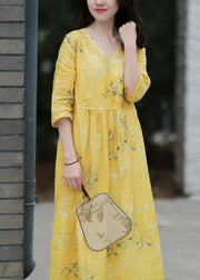 DIY v neck tie waist linen summer dresses Work yellow print Dresses - SooLinen