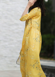 DIY v neck tie waist linen summer dresses Work yellow print Dresses - SooLinen