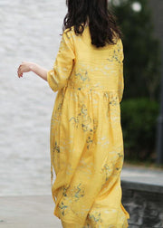 DIY v neck tie waist linen summer dresses Work yellow print Dresses - SooLinen