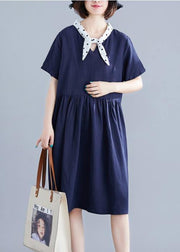 DIY v neck Cinched Cotton Long Shirts Photography navy Dresses - SooLinen