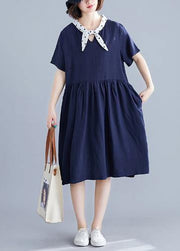 DIY v neck Cinched Cotton Long Shirts Photography navy Dresses - SooLinen