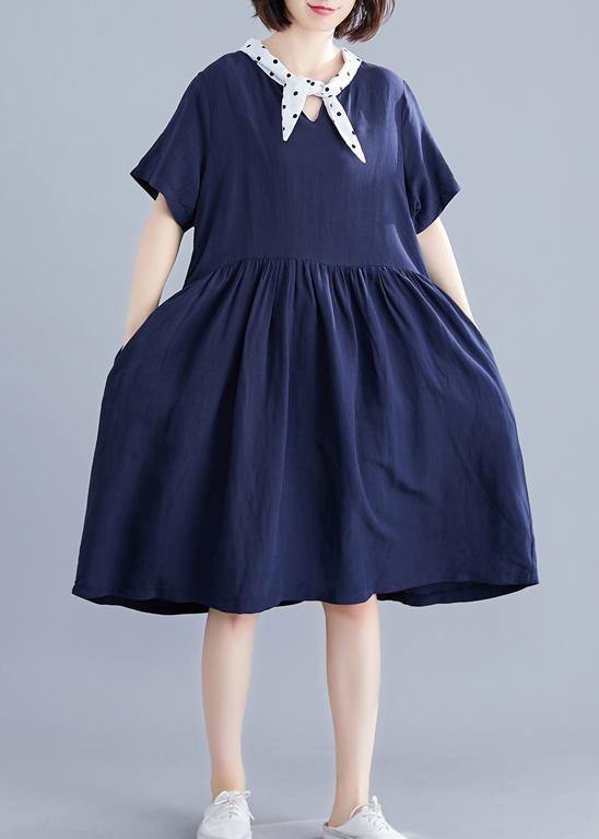 DIY v neck Cinched Cotton Long Shirts Photography navy Dresses - SooLinen