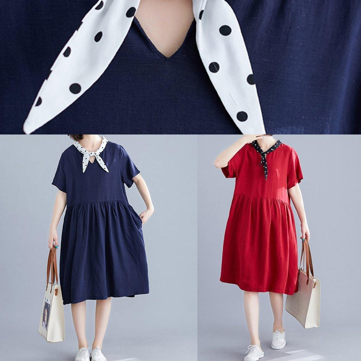 DIY v neck Cinched Cotton Long Shirts Photography navy Dresses - SooLinen