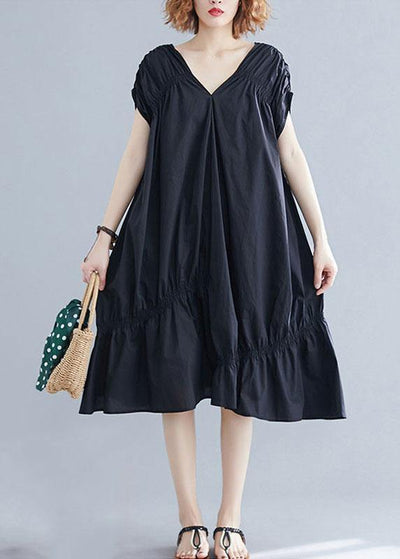 DIY v neck Cinched Cotton clothes Shape black Dresses - SooLinen