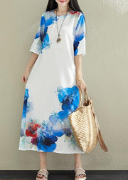 DIY white prints silk dresses stand collar long summer Dress - SooLinen