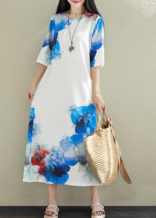 DIY white prints silk dresses stand collar long summer Dress - SooLinen