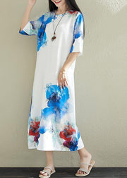 DIY white prints silk dresses stand collar long summer Dress - SooLinen