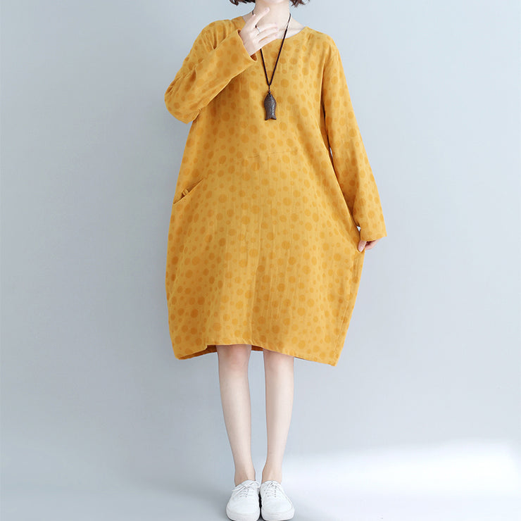 DIY yellow dotted Cotton tunic dress Casual Runway pockets cotton Dress