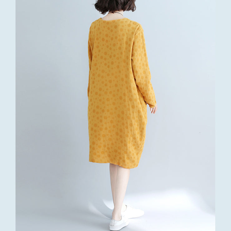 DIY yellow dotted Cotton tunic dress Casual Runway pockets cotton Dress