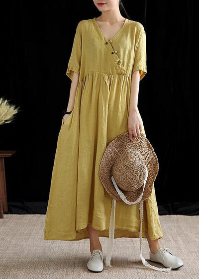 DIY yellow linen Robes v neck exra large hem cotton summer Dress - SooLinen