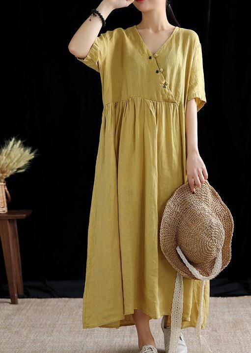 DIY yellow linen Robes v neck exra large hem cotton summer Dress - SooLinen