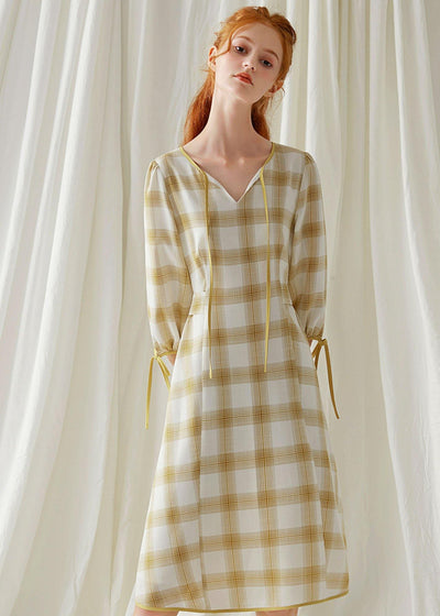 DIY yellow plaid cotton dresses high waist Plus Size fall Dresses - SooLinen