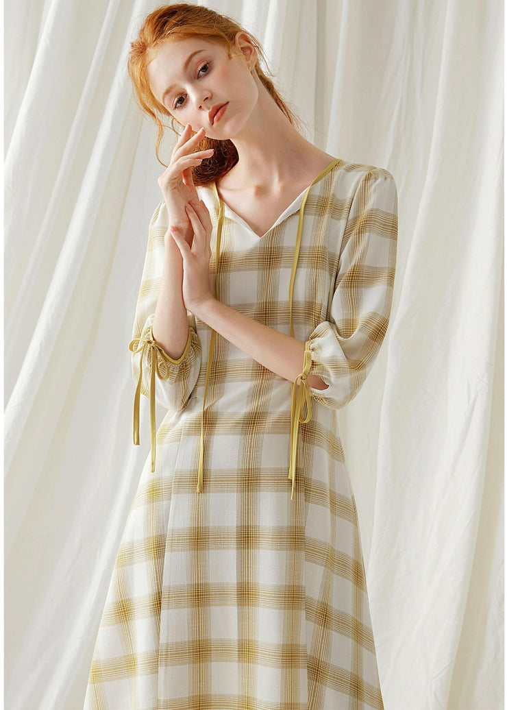 DIY yellow plaid cotton dresses high waist Plus Size fall Dresses - SooLinen