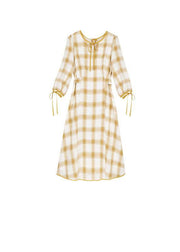 DIY yellow plaid cotton dresses high waist Plus Size fall Dresses - SooLinen