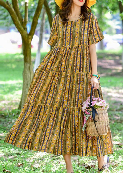 DIY yellow print cotton Long o neck patchwork Maxi summer Dresses - SooLinen