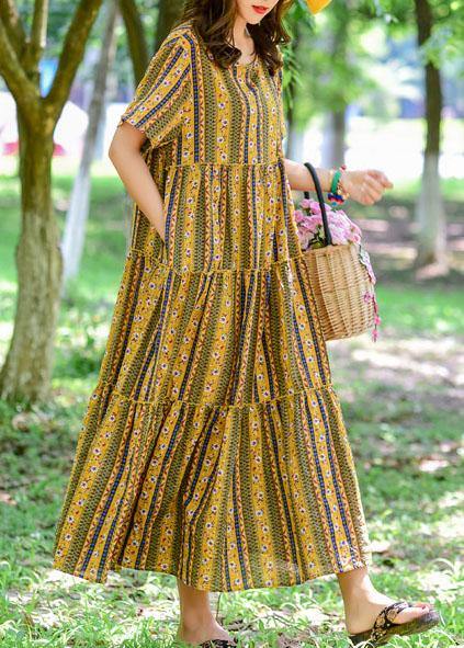 DIY yellow print cotton Long o neck patchwork Maxi summer Dresses - SooLinen