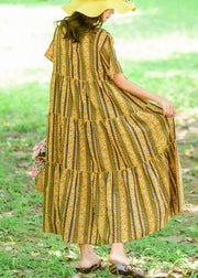 DIY yellow print cotton Long o neck patchwork Maxi summer Dresses - SooLinen