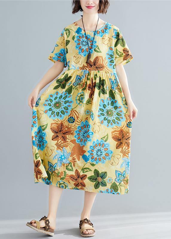 DIY yellow print cotton Tunics o neck patchwork Plus Size summer Dress - SooLinen