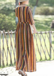 DIY yellow striped cotton linen dresses Fashion Inspiration o neck Half sleeve Plus Size Clothing Summer Dress - SooLinen