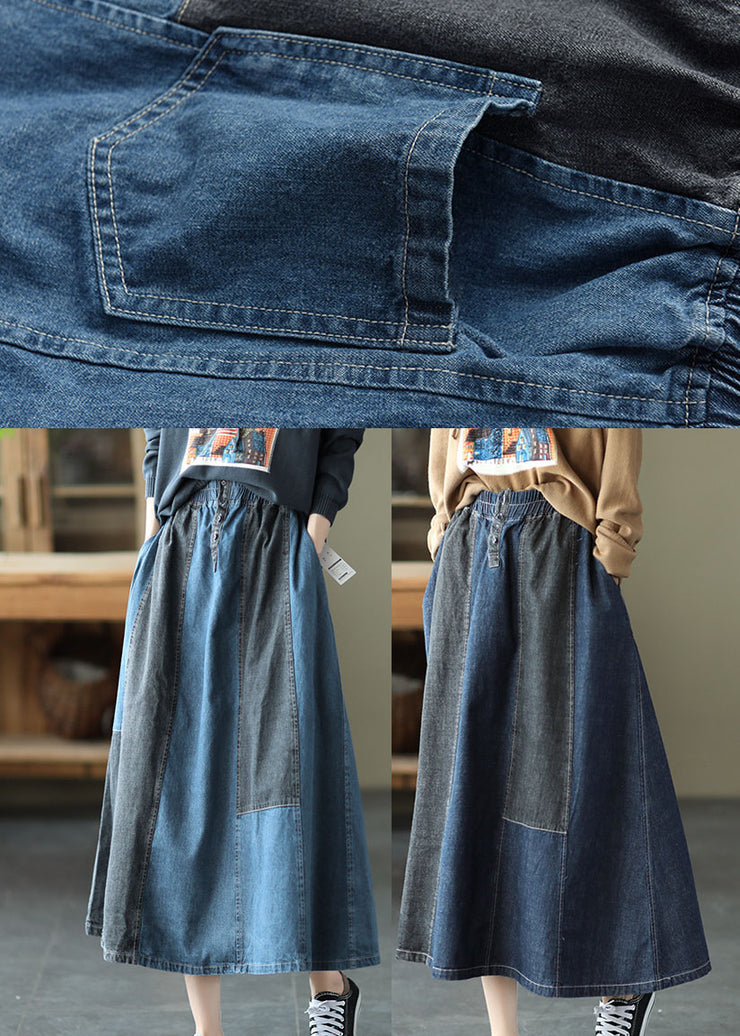 Dark Blue Denim Skirt Elastic Waist Button Spring