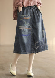 Dark Blue Elastic Waist Embroideried Cotton Denim Ripped Skirts Summer