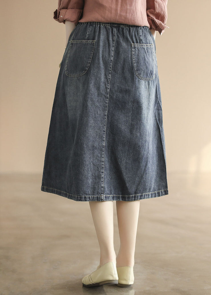 Dark Blue Elastic Waist Embroideried Cotton Denim Ripped Skirts Summer