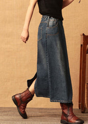 Dark Blue Patchwork Cotton Denim Skirt High Waist Side Open Summer