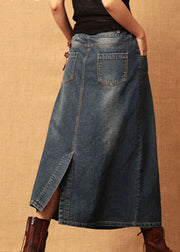 Dark Blue Patchwork Cotton Denim Skirt High Waist Side Open Summer