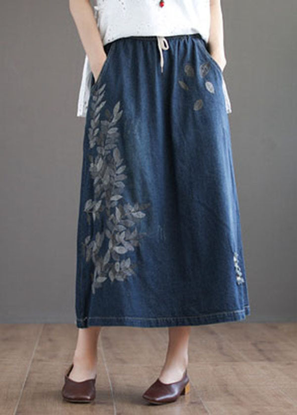 Dark Blue Pockets Cotton Denim Skirt Elastic Waist Ripped Summer