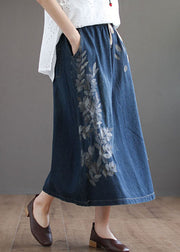 Dark Blue Pockets Cotton Denim Skirt Elastic Waist Ripped Summer