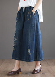 Dark Blue Pockets Cotton Denim Skirt Elastic Waist Ripped Summer