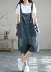 Dark Blue Retro Loose Wide Leg Summer Crop Denim Romper - SooLinen