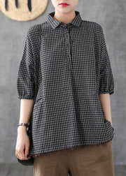 Dark Grey Peter Pan Collar Button Pockets Fall Plaid Half Sleeve Top - SooLinen