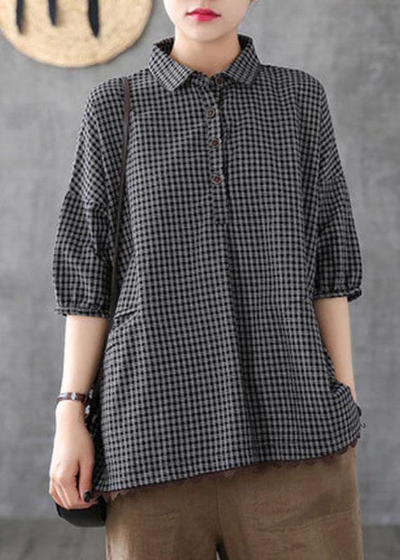 Dark Grey Peter Pan Collar Button Pockets Fall Plaid Half Sleeve Top - SooLinen