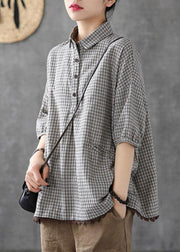 Dark Grey Peter Pan Collar Button Pockets Fall Plaid Half Sleeve Top - SooLinen