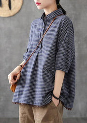 Dark Grey Peter Pan Collar Button Pockets Fall Plaid Half Sleeve Top - SooLinen