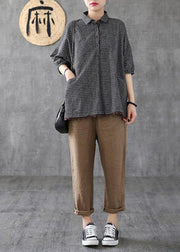 Dark Grey Peter Pan Collar Button Pockets Fall Plaid Half Sleeve Top - SooLinen