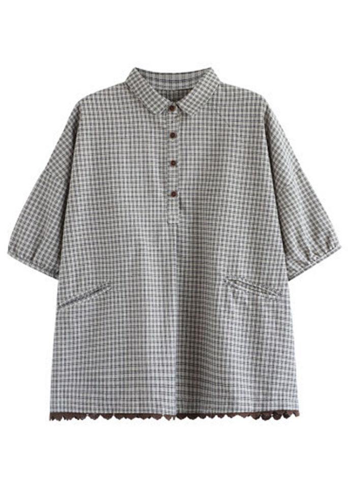 Dark Grey Peter Pan Collar Button Pockets Fall Plaid Half Sleeve Top - SooLinen