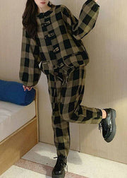 Deep Coffee Plaid Warm Fleece Zweiteiler Outfit O-Neck Button Spring