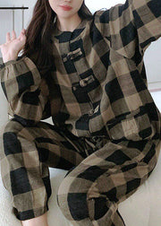 Deep Coffee Plaid Warm Fleece Zweiteiler Outfit O-Neck Button Spring