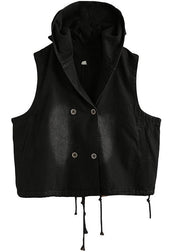 Denim Black Waistcoat 2021 Autumn Loose Large Size Tooling Double Breasted Hooded Vest - SooLinen