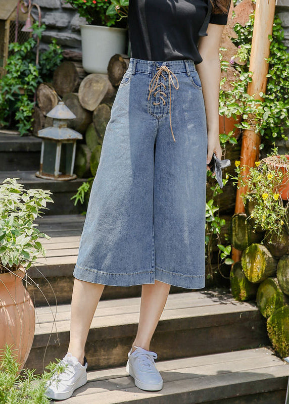 Jeansblau Taschen Baumwolle Weites Bein Crop Hose Hohe Taille Kreuzbindung Taille Sommer