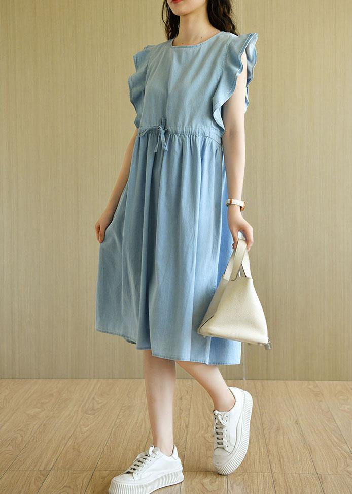 Denim Light Blue O-Necktie Waist Summer Cotton Dresses Sleeveless - SooLinen