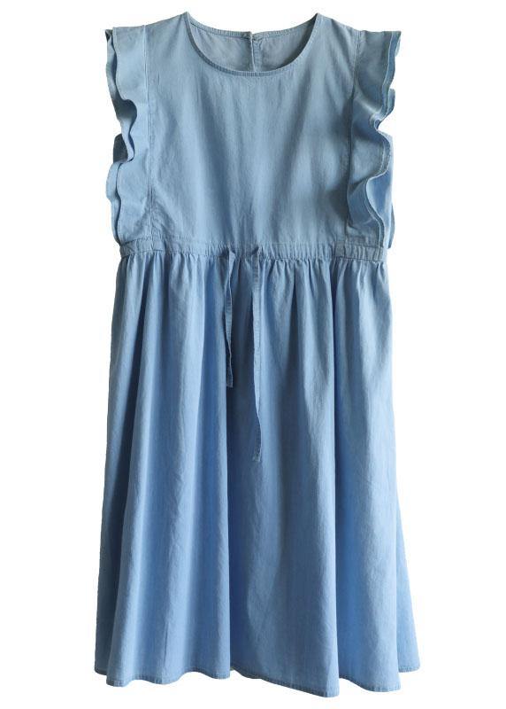 Denim Light Blue O-Necktie Waist Summer Cotton Dresses Sleeveless - SooLinen