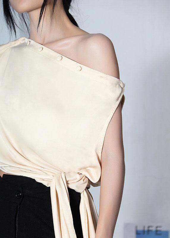 Diy Beige One Shoulder Asymmetrical design Blouses silk Summer - SooLinen